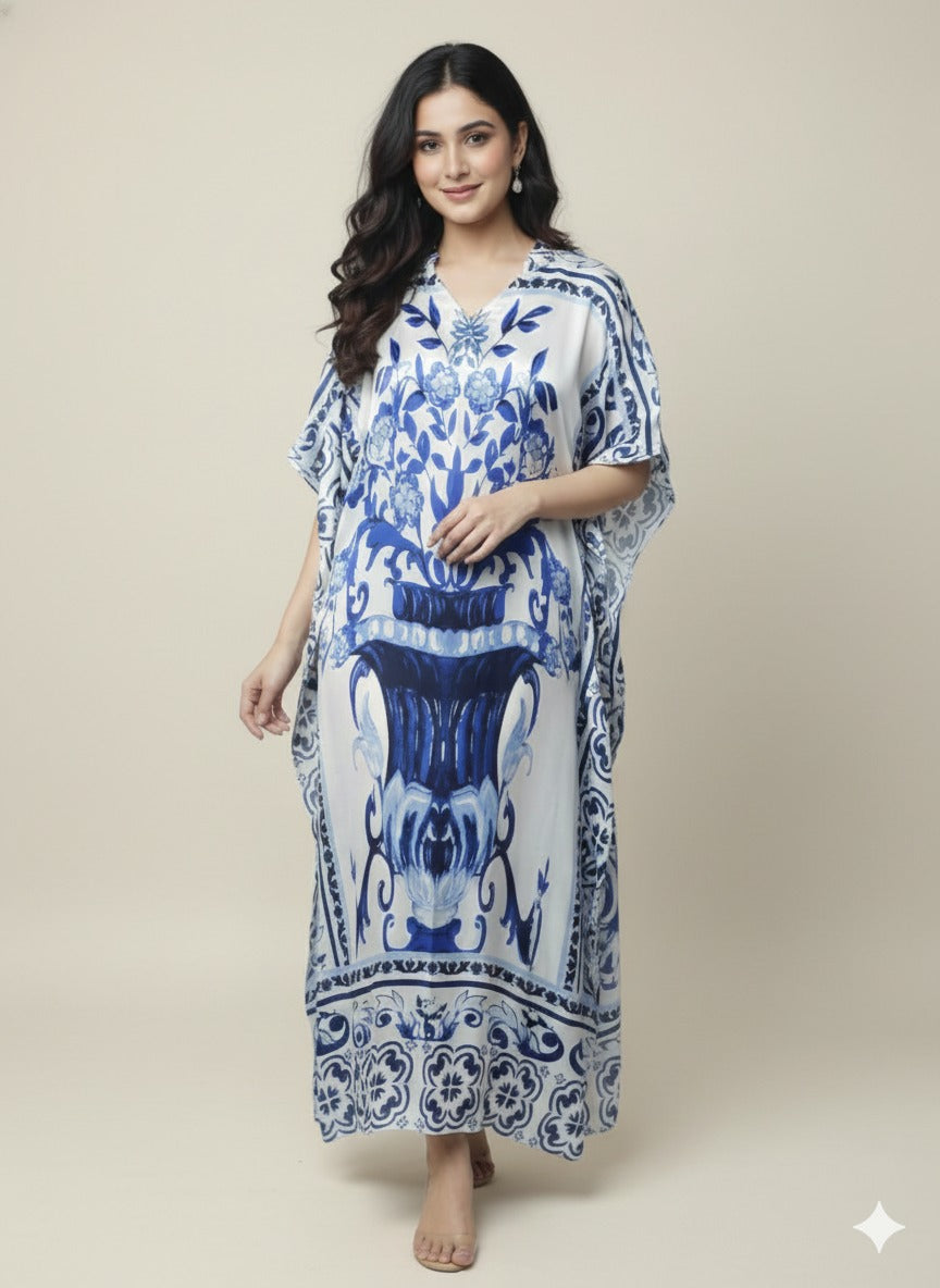 Ivory & Cobalt Luxe Satin Kaftan