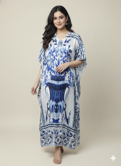 Ivory & Cobalt Luxe Satin Kaftan