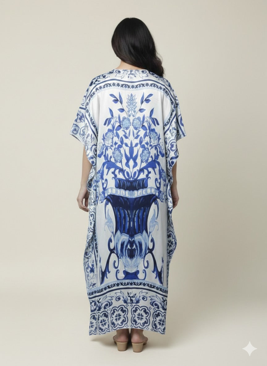 Ivory & Cobalt Luxe Satin Kaftan