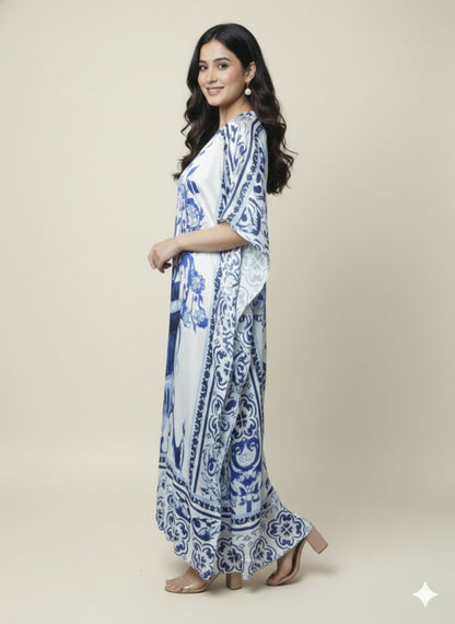 Ivory & Cobalt Luxe Satin Kaftan