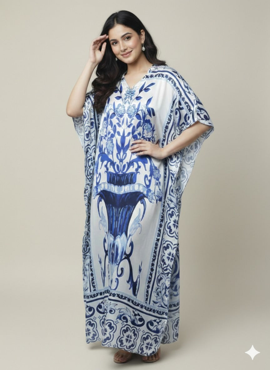 Ivory & Cobalt Luxe Satin Kaftan