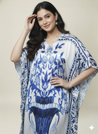Ivory & Cobalt Luxe Satin Kaftan