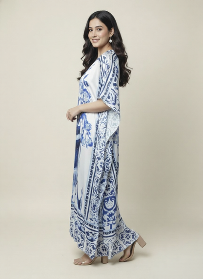Ivory & Cobalt Luxe Satin Kaftan