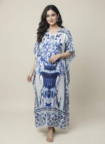 Ivory & Cobalt Luxe Satin Kaftan