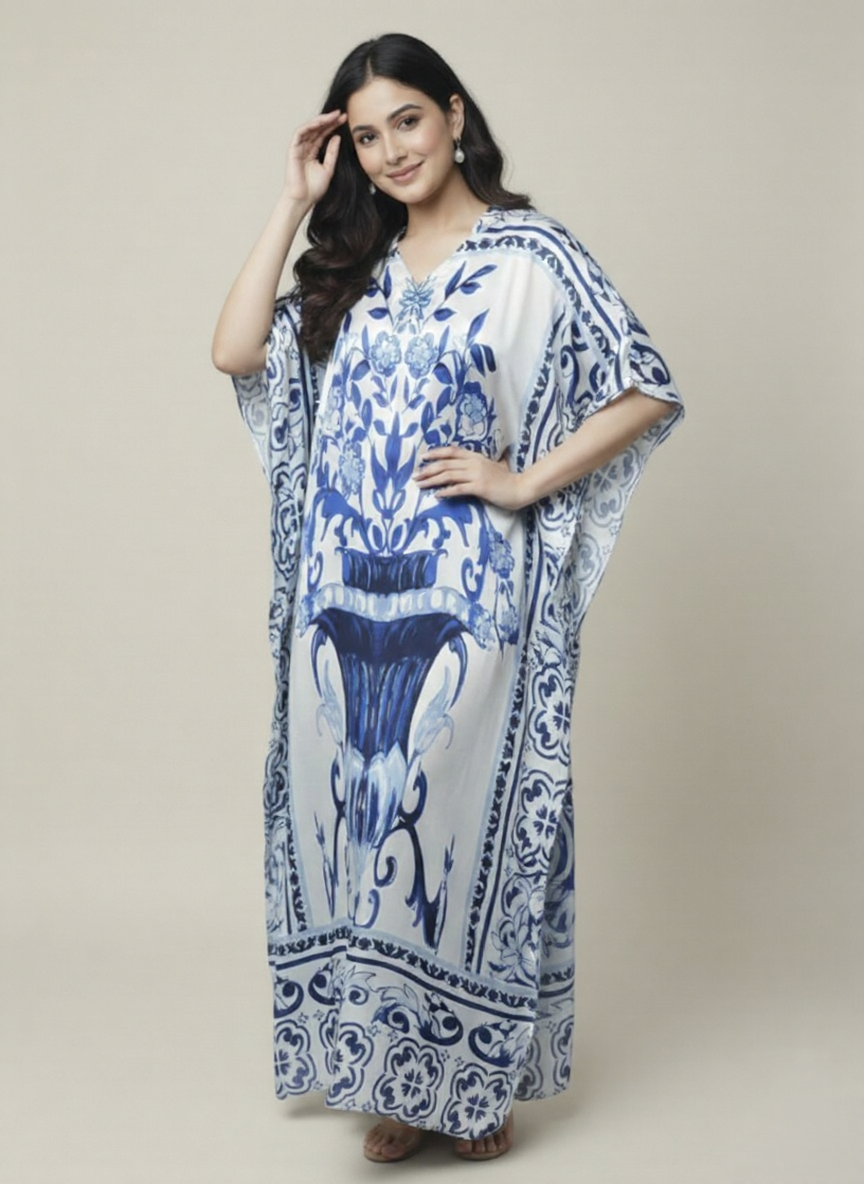 Ivory & Cobalt Luxe Satin Kaftan