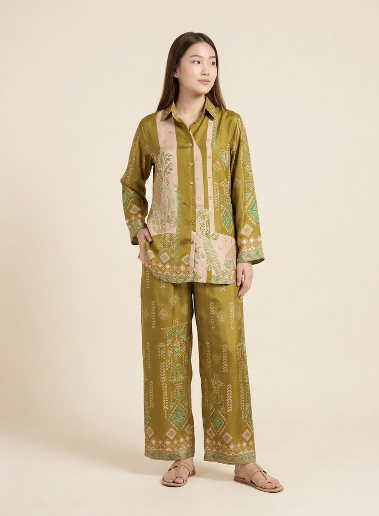 Artisan Olive green Geometric Print Co-ord Set