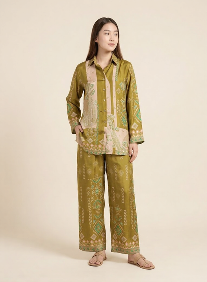 Artisan Olive green Geometric Print Co-ord Set