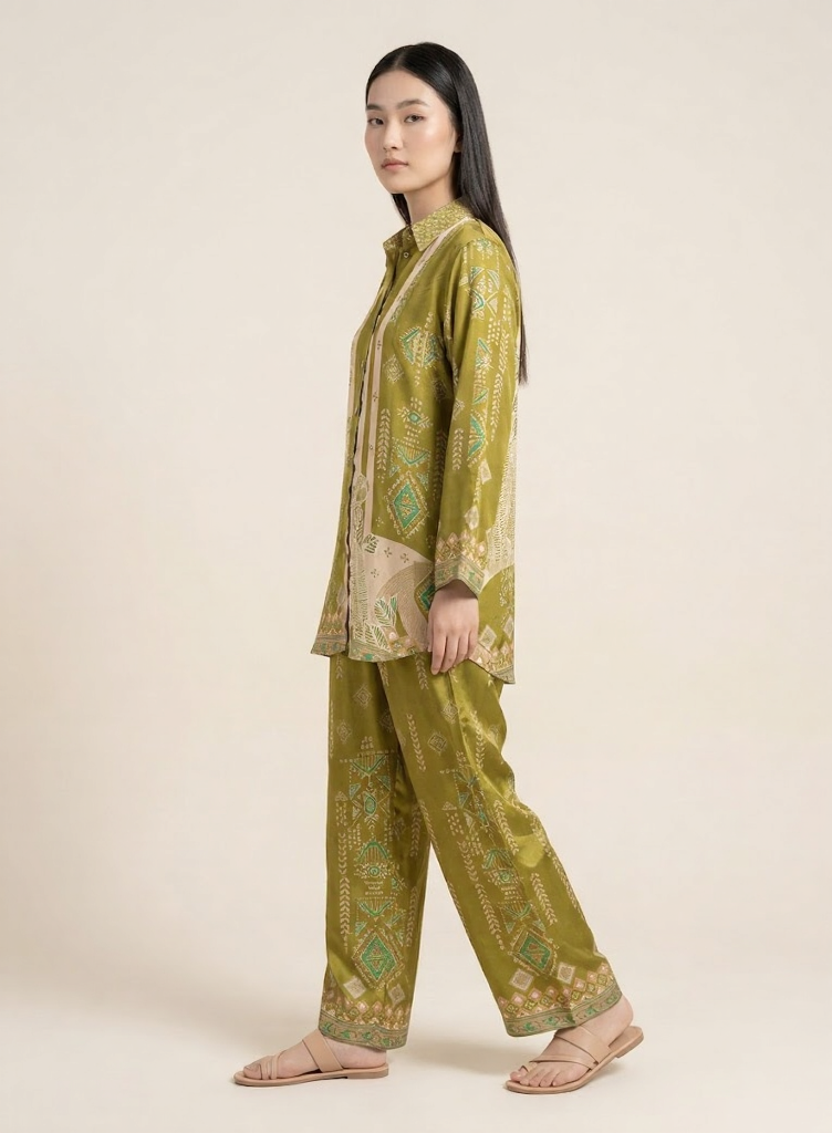 Artisan Olive green Geometric Print Co-ord Set