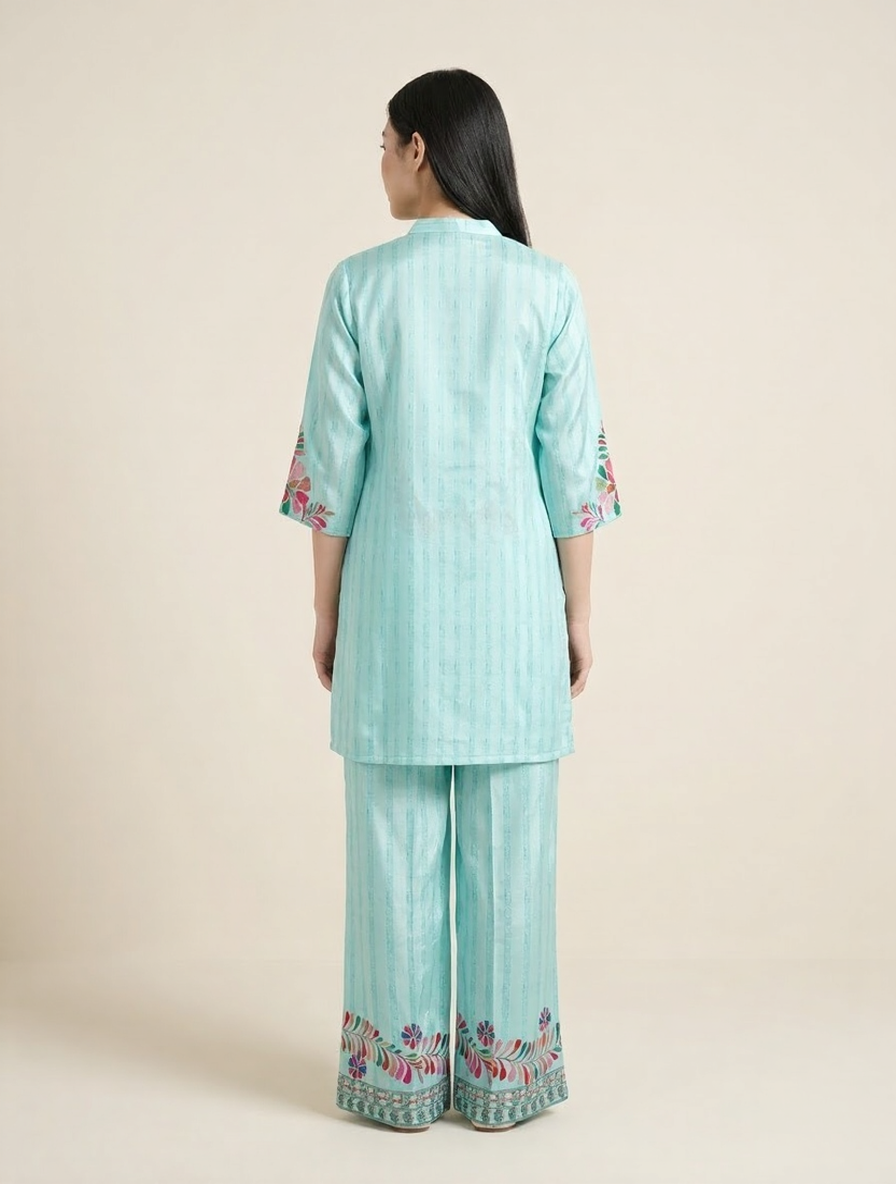 Aqua Blue Designer Muslin Co-Ord Set