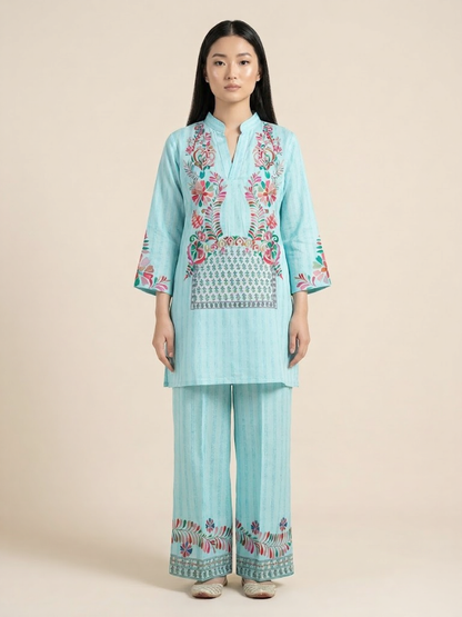 Aqua Blue Designer Muslin Co-Ord Set