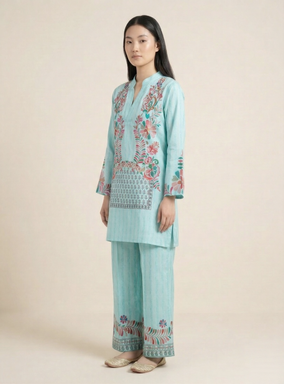Aqua Blue Designer Muslin Co-Ord Set