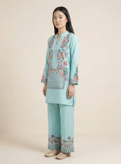 Aqua Blue Designer Muslin Co-Ord Set