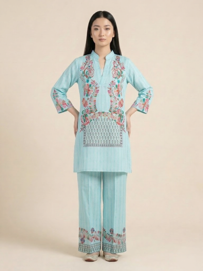 Aqua Blue Designer Muslin Co-Ord Set