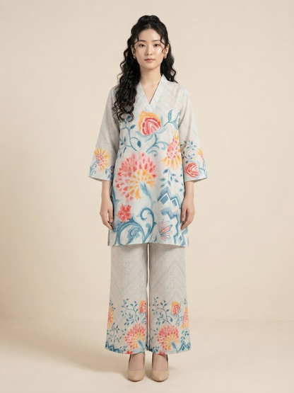 Ethereal Floral Cotton V-Neck Co-ord Set with Zari