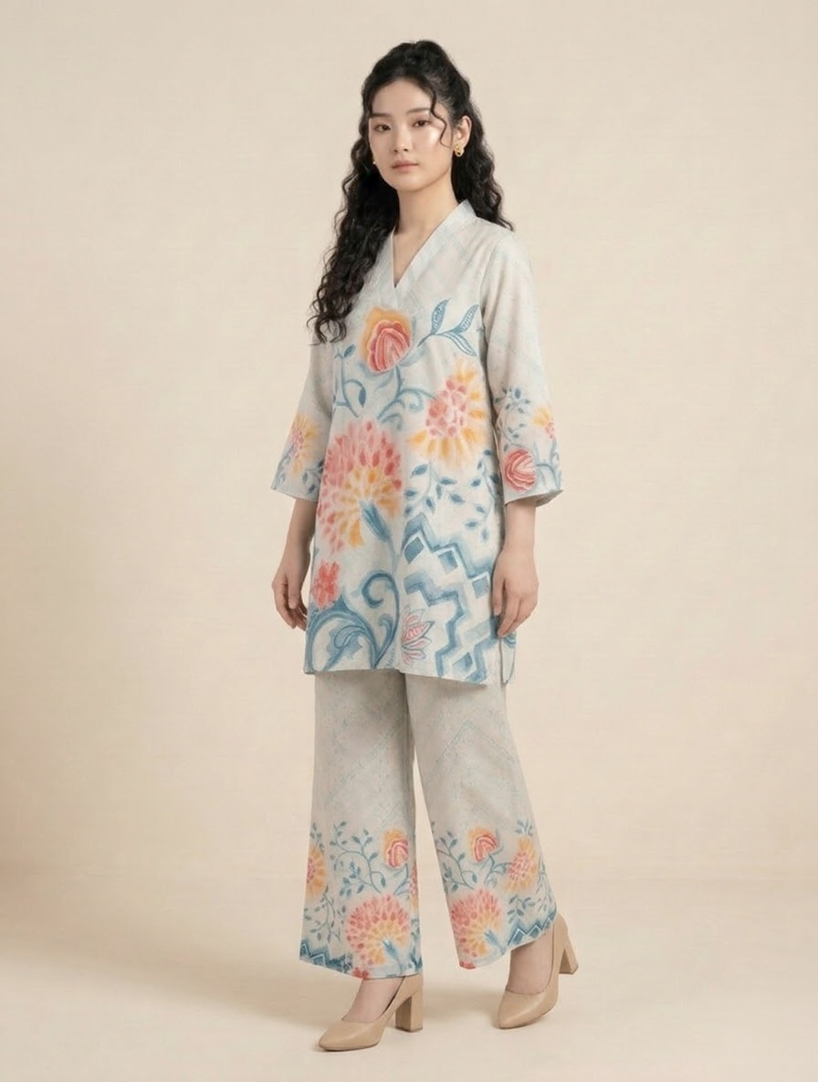 Ethereal Floral Cotton V-Neck Co-ord Set with Zari