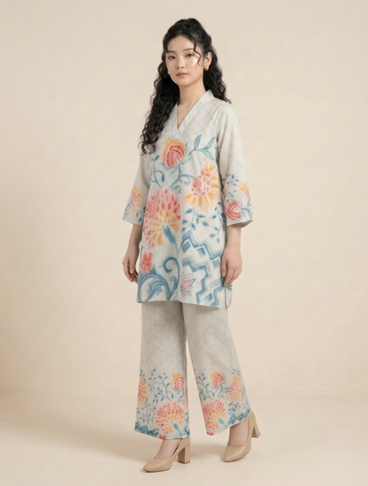 Ethereal Floral Cotton V-Neck Co-ord Set with Zari