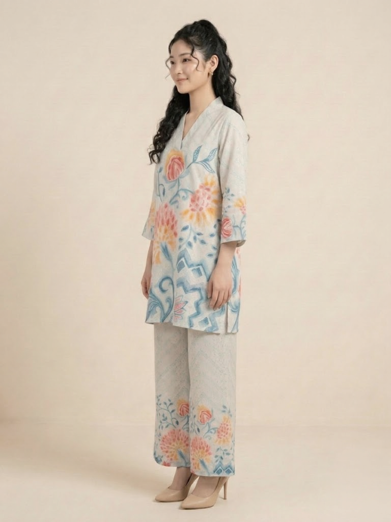 Ethereal Floral Cotton V-Neck Co-ord Set with Zari