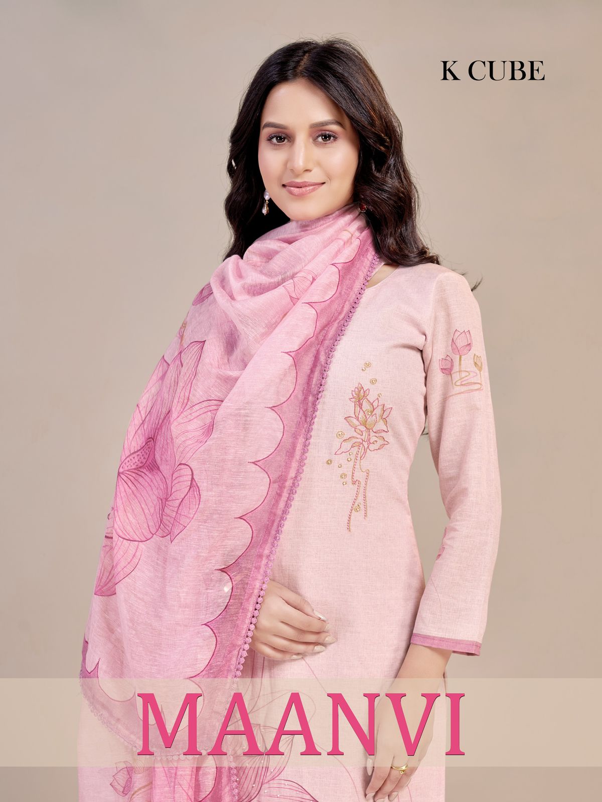 Peach Color Lotus Printed Pure Linen Unstitched Suit Set