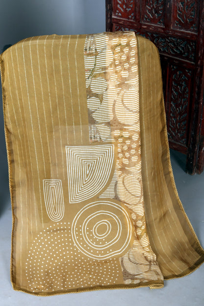 Mustard Color Pure Muslin Unstitched Suit Set With Organza Dupatta