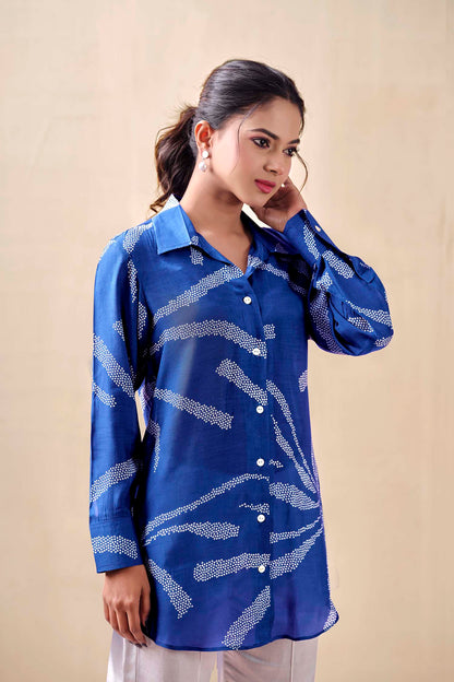 Indigo Bandhej Premium Cupro Muslin Shirt