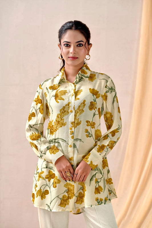 Yellow Bloom Shirt Premium Cotton Silk Shirt