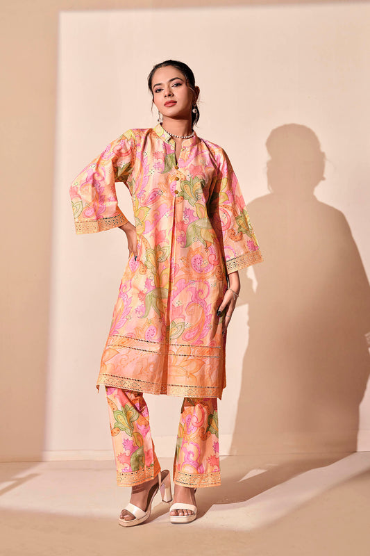 Peach Paisley chikankari Embroidered Co-ord Set