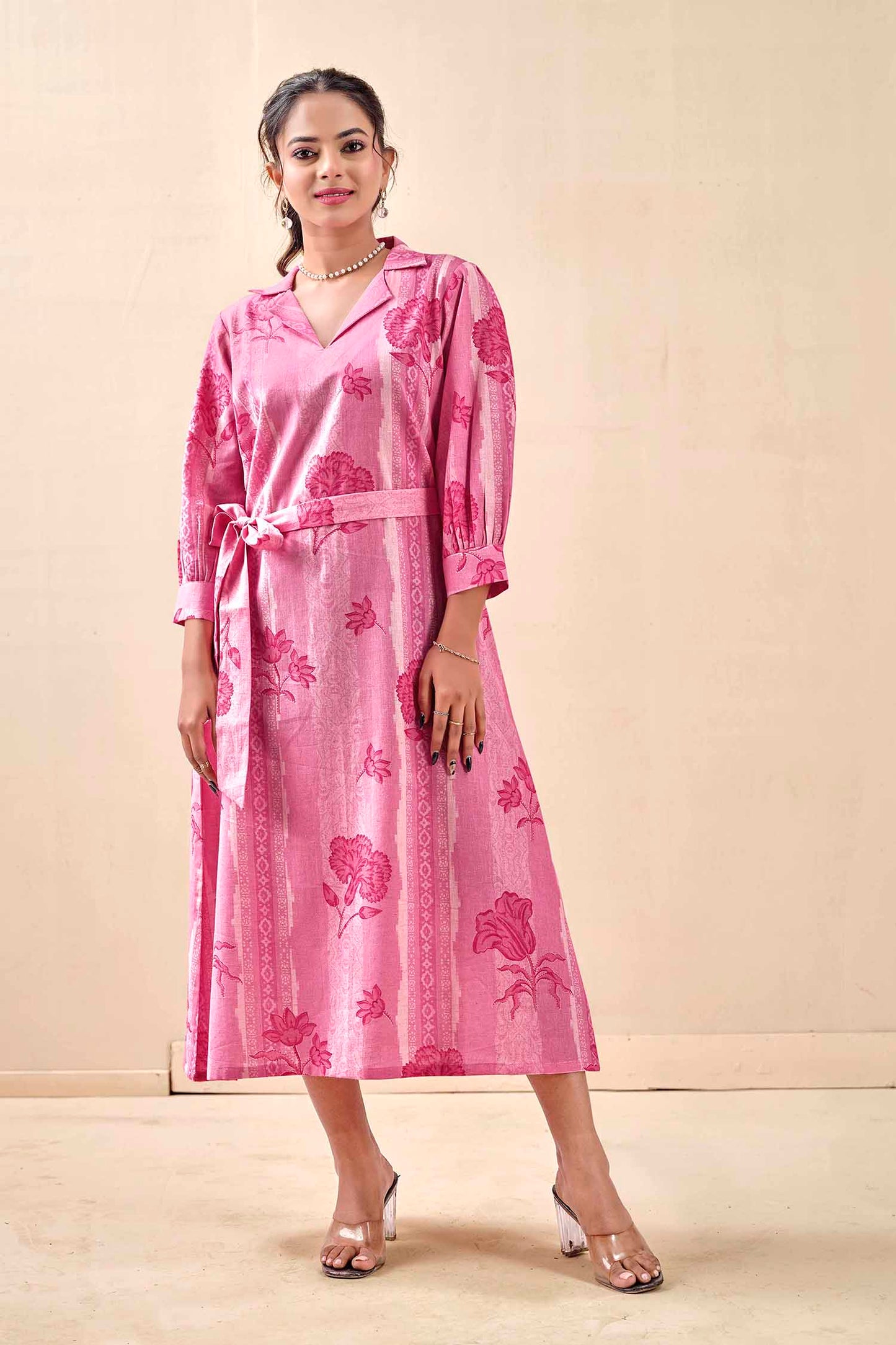 Blush Pink Petal & Stripe Notched Collar Midi Dress with waist tie