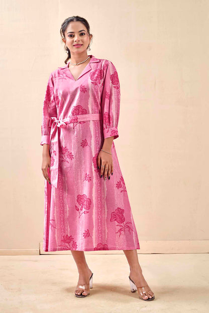 Blush Pink Petal & Stripe Notched Collar Midi Dress with waist tie