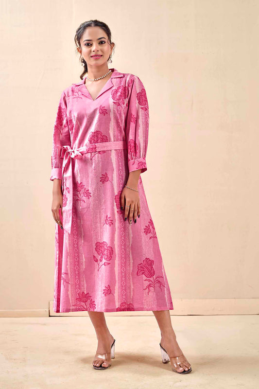 Blush Pink Petal & Stripe Notched Collar Midi Dress with waist tie