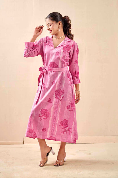 Blush Pink Petal & Stripe Notched Collar Midi Dress with waist tie