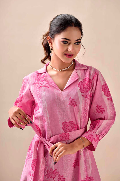 Blush Pink Petal & Stripe Notched Collar Midi Dress with waist tie