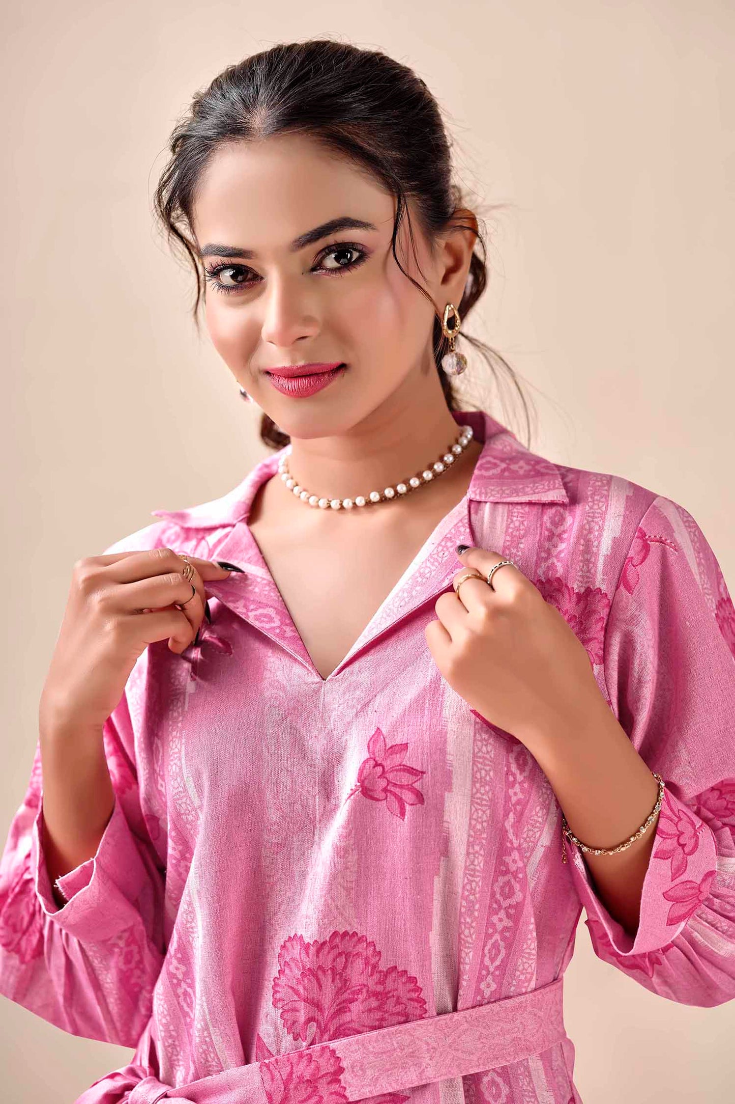 Blush Pink Petal & Stripe Notched Collar Midi Dress with waist tie