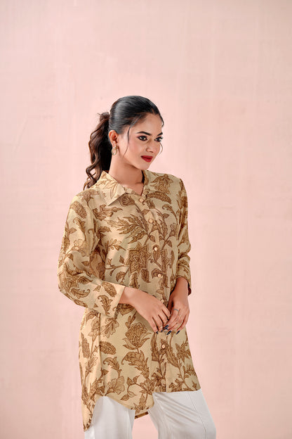 Breezy Beige Autumn Leaf Premium Cupro Muslin Shirt