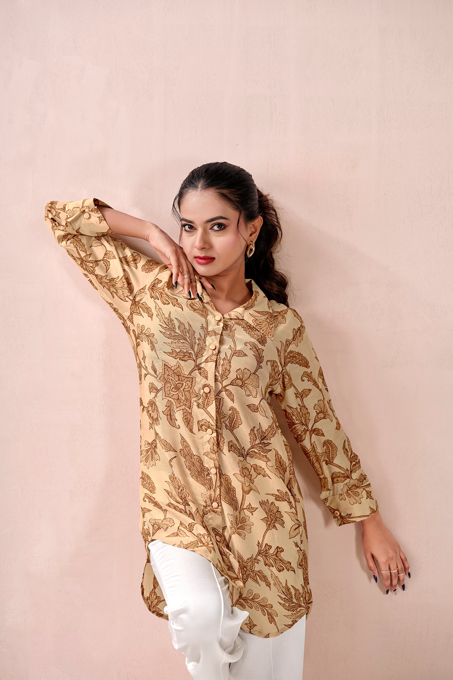 Breezy Beige Autumn Leaf Premium Cupro Muslin Shirt