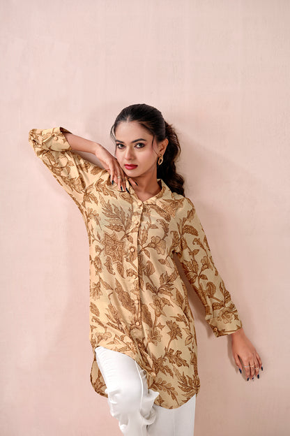 Breezy Beige Autumn Leaf Premium Cupro Muslin Shirt