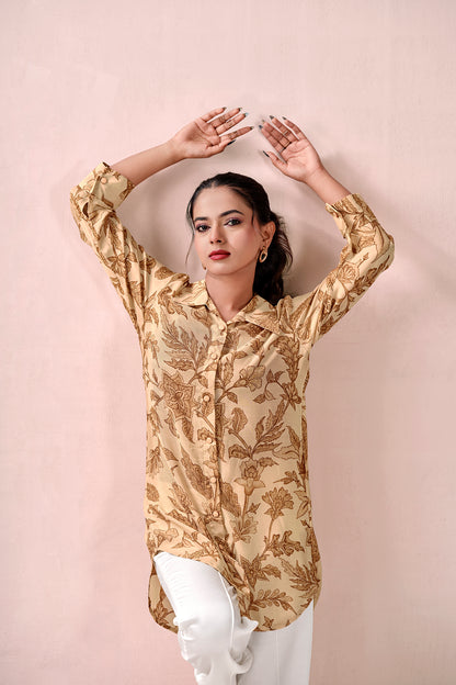 Breezy Beige Autumn Leaf Premium Cupro Muslin Shirt
