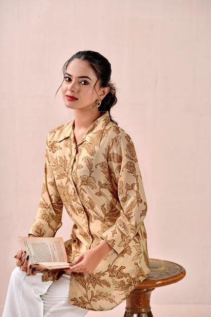 Breezy Beige Autumn Leaf Premium Cupro Muslin Shirt