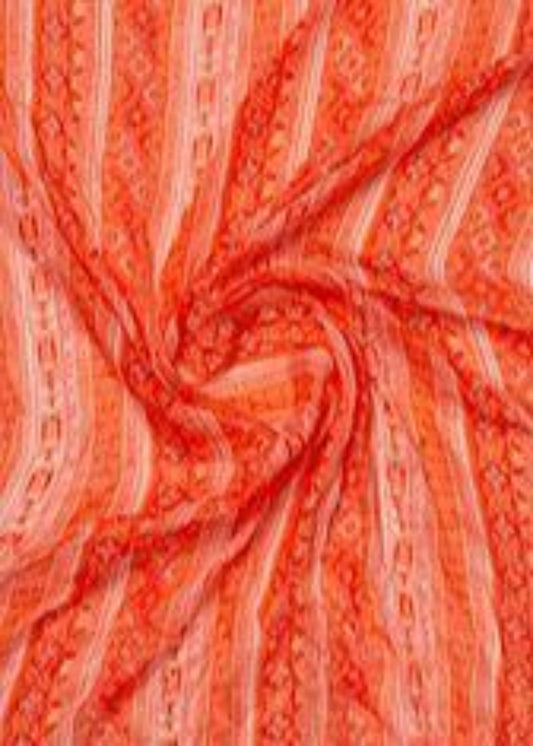 Orange Color Stripes Printed Pure Chinon Fabric
