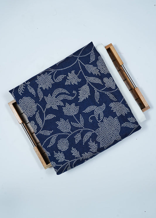 Unisex Navy Blue Printed Pure Russian Silk Kurta Fabric & White Pure Cotton Pyjama Fabric (2.5 Meters)