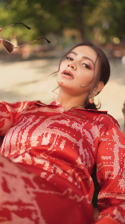 Rust Bandhej Lustrous Silk Kurta