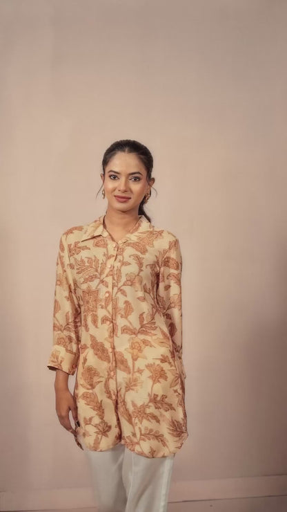 Breezy Beige Autumn Leaf Premium Cupro Muslin Shirt