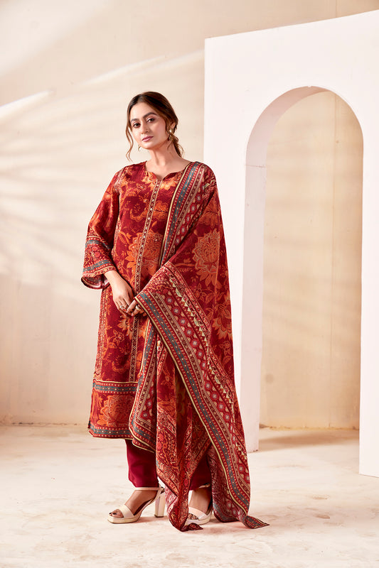 Heritage Maroon Pure Crepe Kurta Set