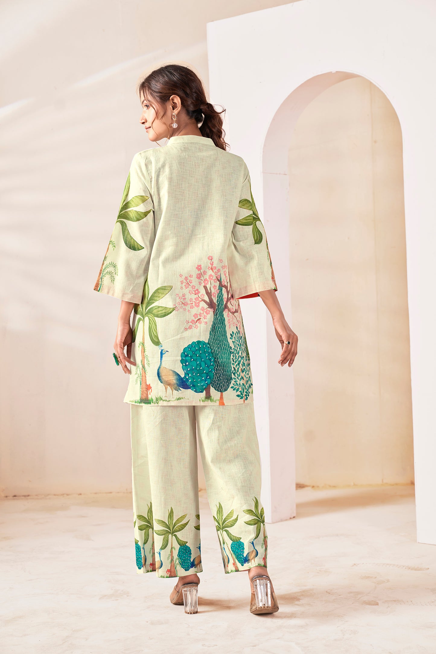 Natural Linen Hand-Painted Peacock Co-ord Set