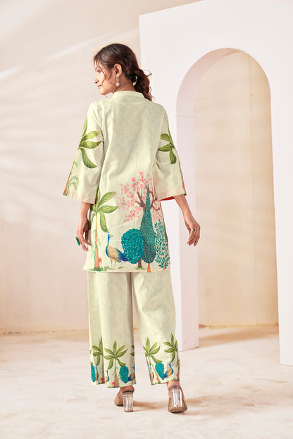 Natural Linen Hand-Painted Peacock Co-ord Set