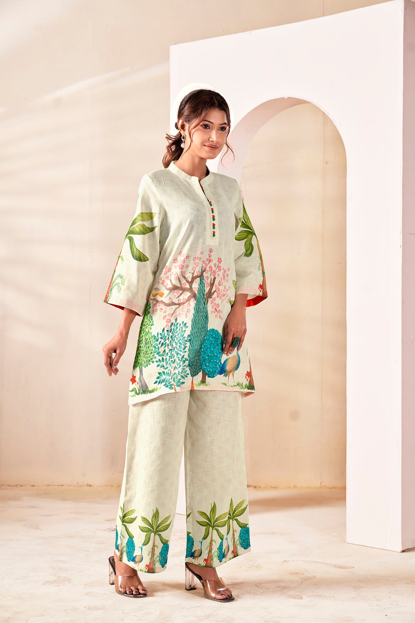 Natural Linen Hand-Painted Peacock Co-ord Set