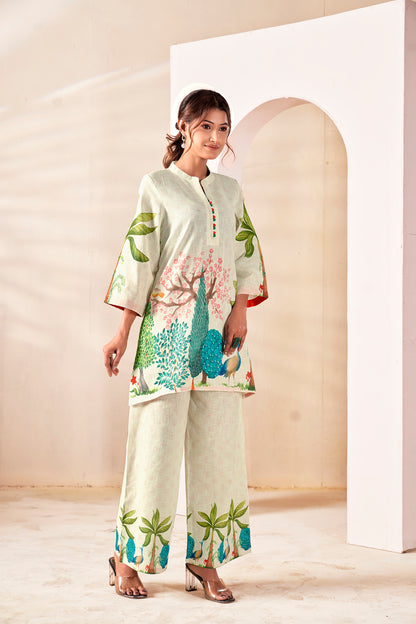 Natural Linen Hand-Painted Peacock Co-ord Set