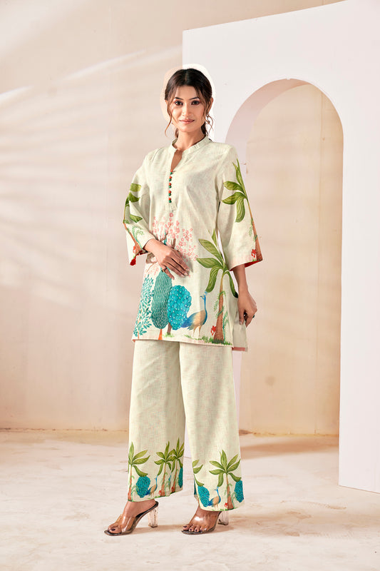 Natural Linen Hand-Painted Peacock Co-ord Set