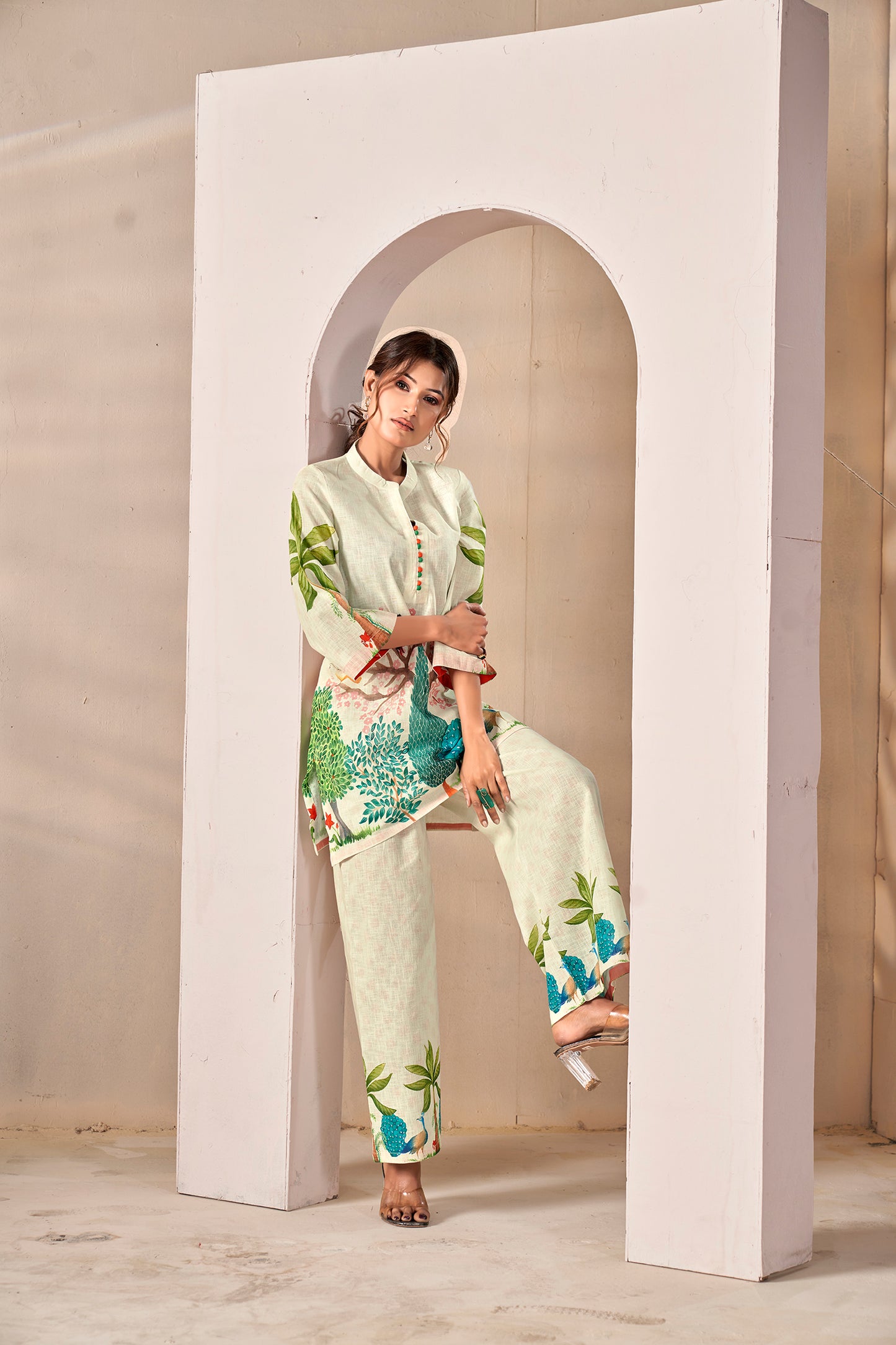 Natural Linen Hand-Painted Peacock Co-ord Set