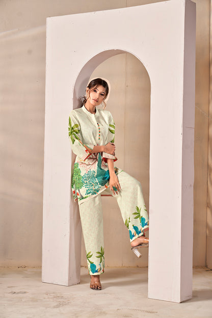 Natural Linen Hand-Painted Peacock Co-ord Set