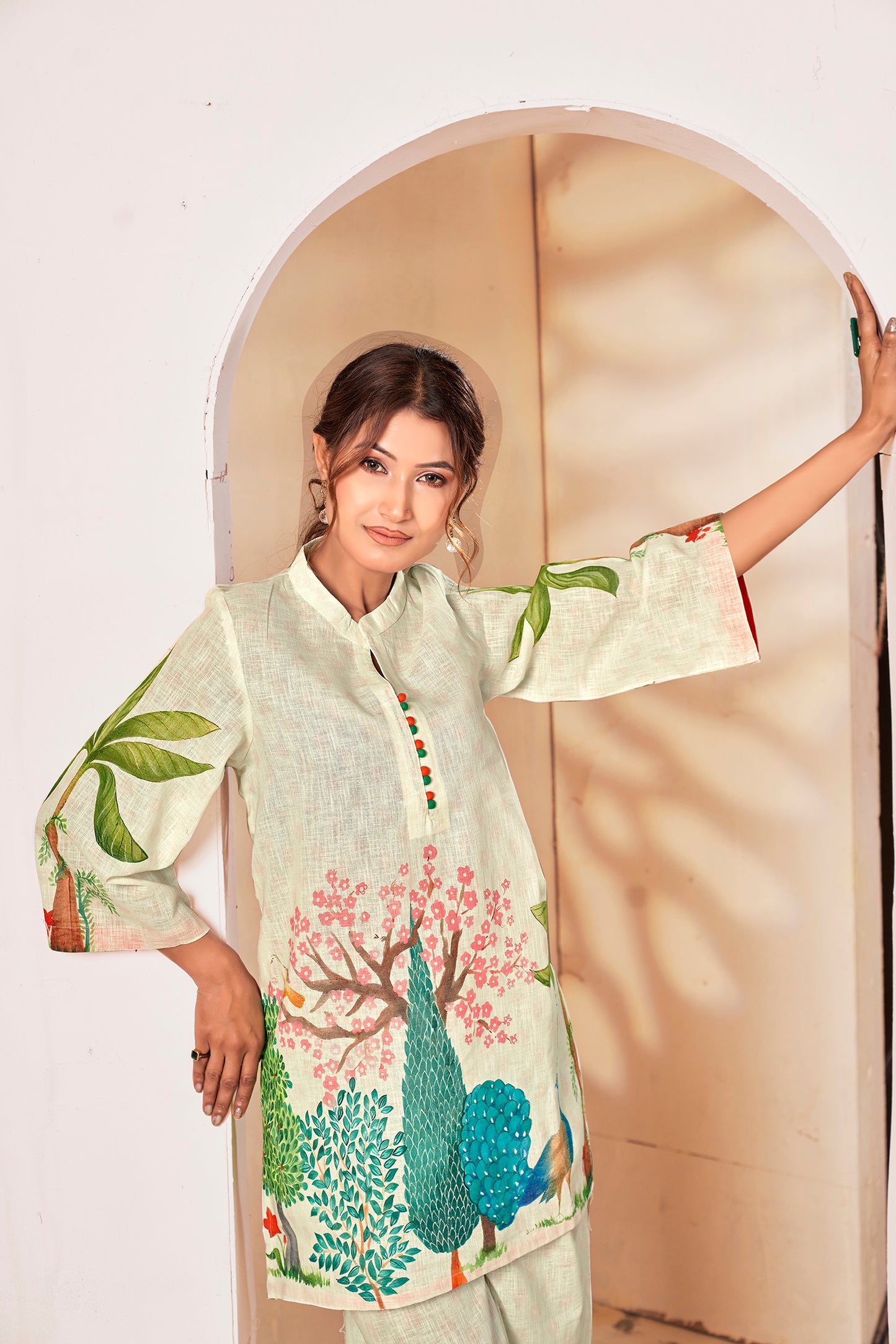 Natural Linen Hand-Painted Peacock Co-ord Set